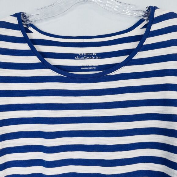 Chicos Cotton Slub Stripe Button Back Tee Womens 2 (L) Seafaring Blue Nautical - Picture 6 of 15